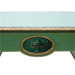 Edwardian Adam Revival green-painted and parcel gilt kneehole desk or dressing table, kidney shaped form with foliate carved edge, fitted with three drawers painted with urn and fruiting laurel wreaths with ribbon ties, on acanthus leaf and draped festoon decorated turned supports 