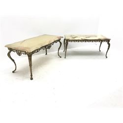 Two vintage onyx coffee tables on ornate gilt metal bases, shaped top table - 111cm x 52cm, H50cm, rectangular top table - 101cm x 50cm, H45cm