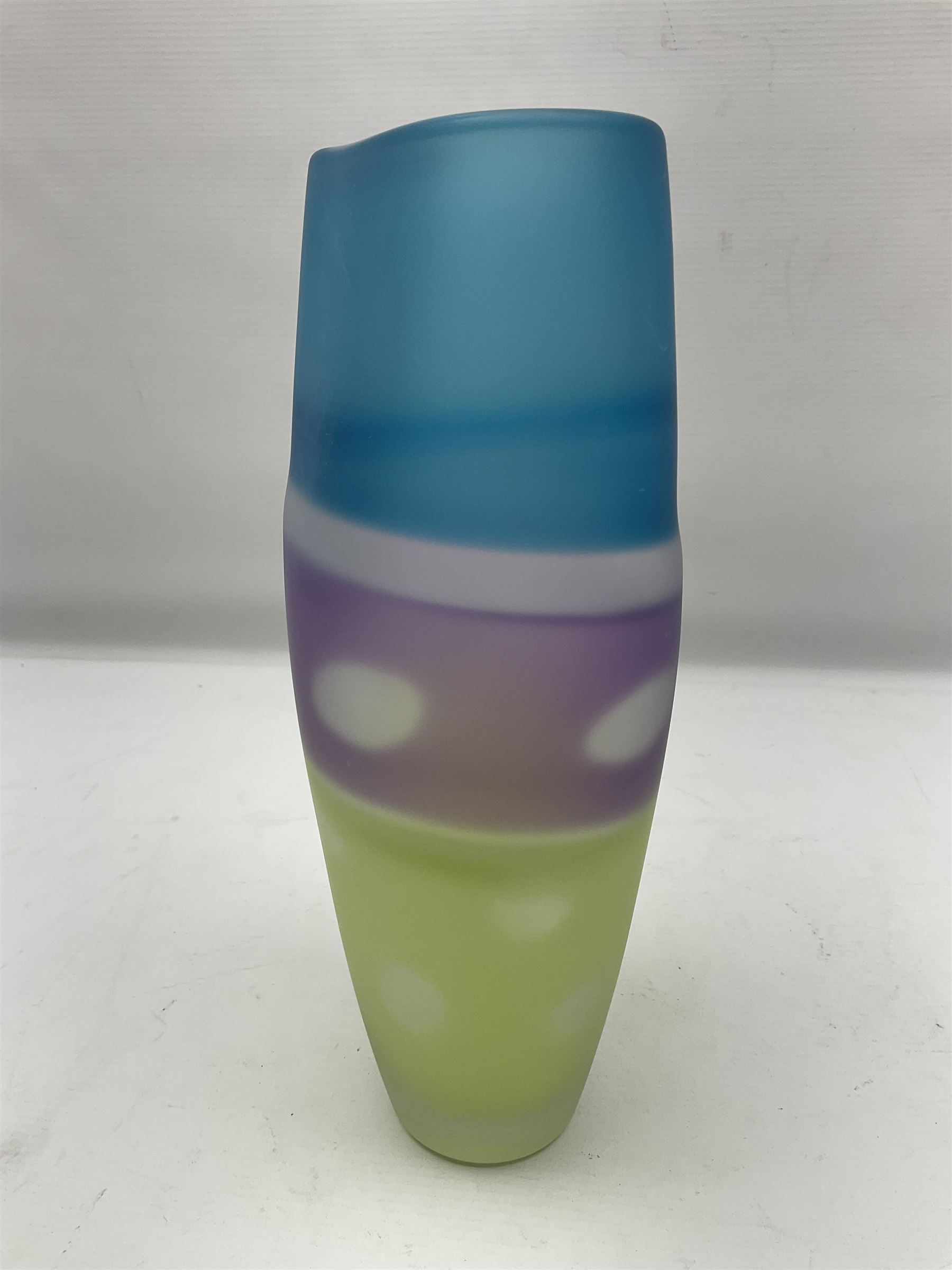 Stuart Akroyd glass vase, matte blue, green and purple bands, with bubble inclusions H28.3cm