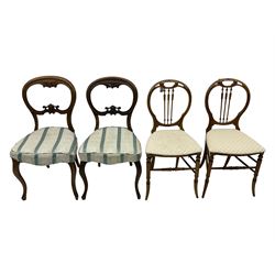 Pair of Victorian walnut balloon back dining chairs, scrolled and pierced cresting rail over cartouche carved middle rail, upholstered seats on cabriole supports; pair of Victorian walnut balloon back bedroom chairs, pierced cresting rail over turned spindle back, drop-on seat cushion over cane seat on turned supports united by turned stretchers (4)