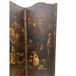 19th century four panel folding room screen, each leather panel painted with scenes from 'The Embarkation for Cythera' after Jean-Antoine Watteau (French 1684-1721), depicting a fête galante celebration with amorous couples and Cupids, with them a gilt statue of Venus, set within a classical capriccio landscape on the Greek island of Cythera, inscribed and titled verso with a verse from 'Ode on a Grecian Urn' by John Keats