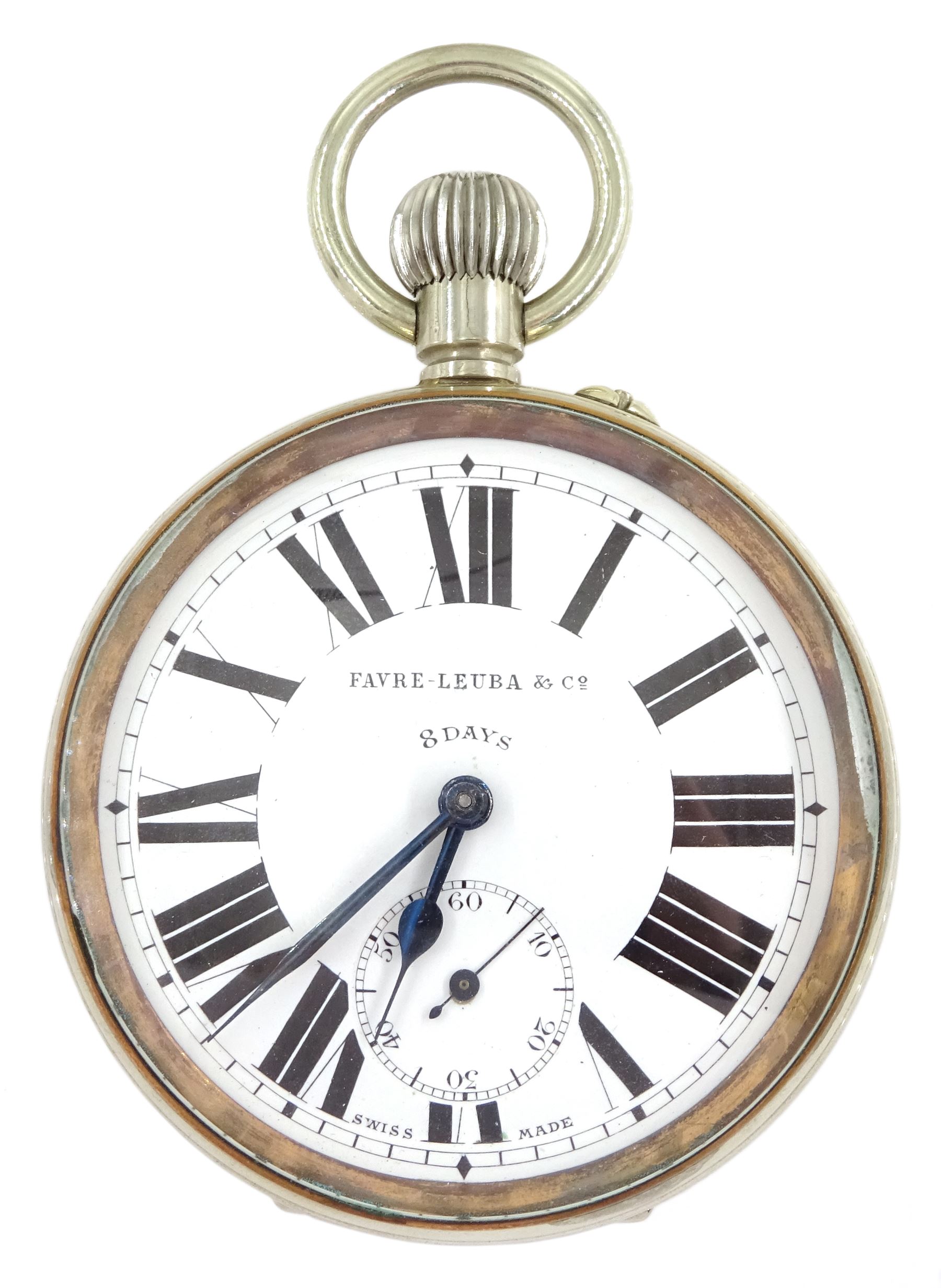 Early 20th century keyless lever 8 days goliath pocket watch by Favre Leuba Co white enamel dial with Roman numerals and subsidiary seconds dial in silver mounted leather case with velvet interio