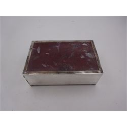 1930s silver mounted cigarette box, of rectangular form, with engine turned decoration and engraved cartouche to hinged lid, opening to reveal a softwood interior, hallmarked London 1930, maker's mark worn and indistinct