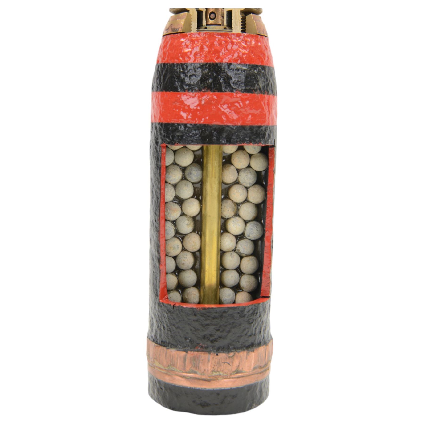 Inert WWII 18 pounder shrapnel shell with a fuse, cut away to show the internal mechanism, H30cm  