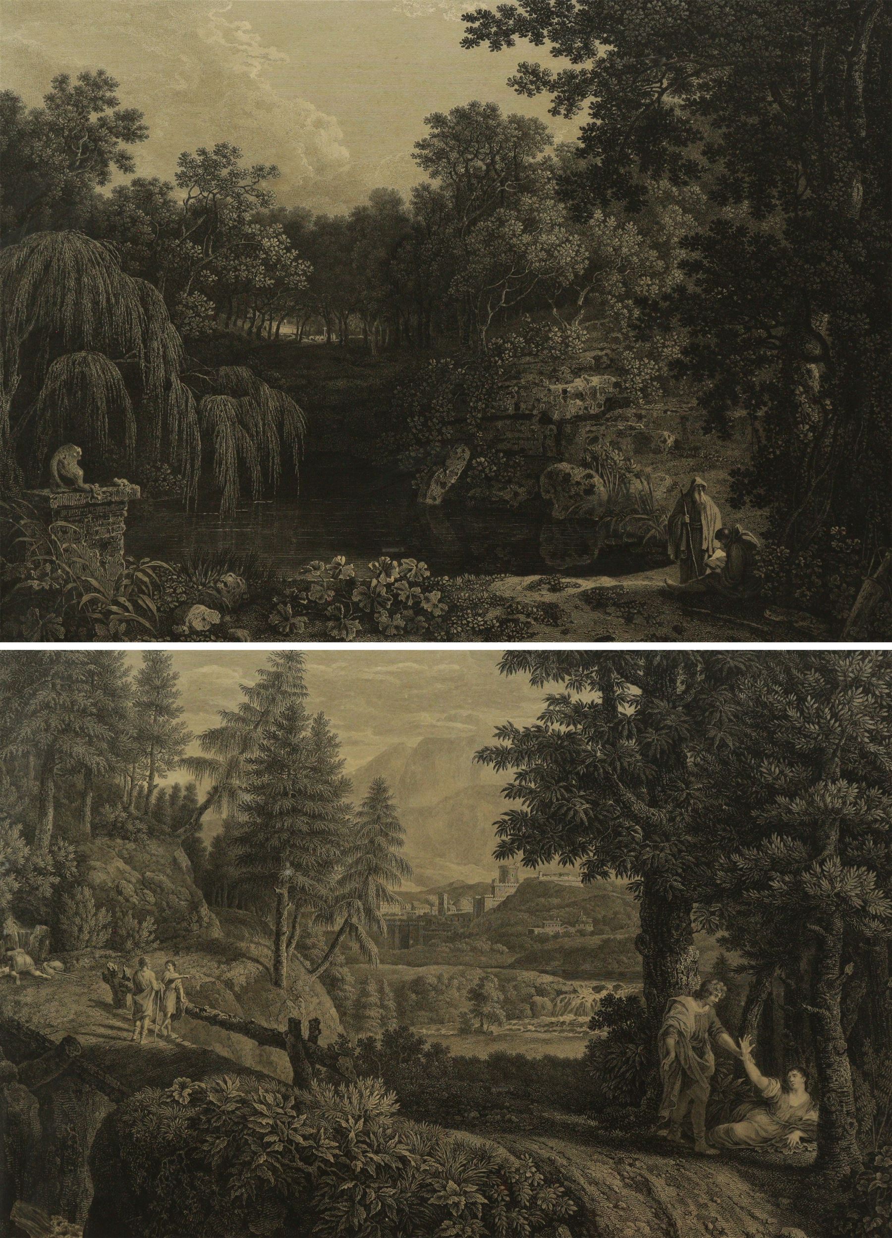 William Woollett (British 1735-1785) after Annibale Carracci (Italian 1560-1609) and Richard Wilson (British 1713-1782): 'Solitude' and Italian Landscape, two near pair 18th/19th century engravings 53cm x 35cm (2)