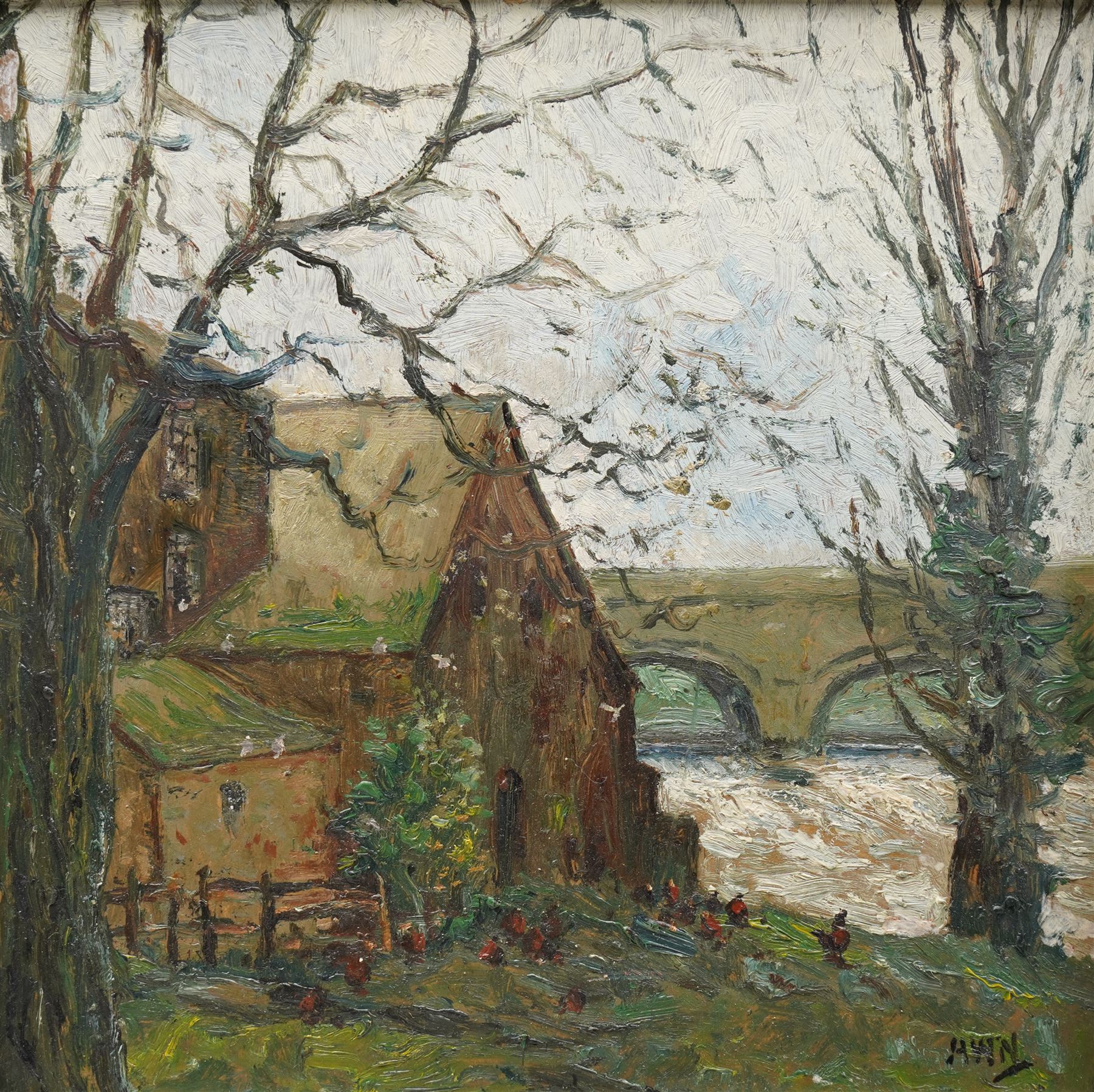 Arthur W Newsholme (British 1920-): Riverside Farmstead with Chickens Feeding, oil on board signed with initials 22cm x 22cm