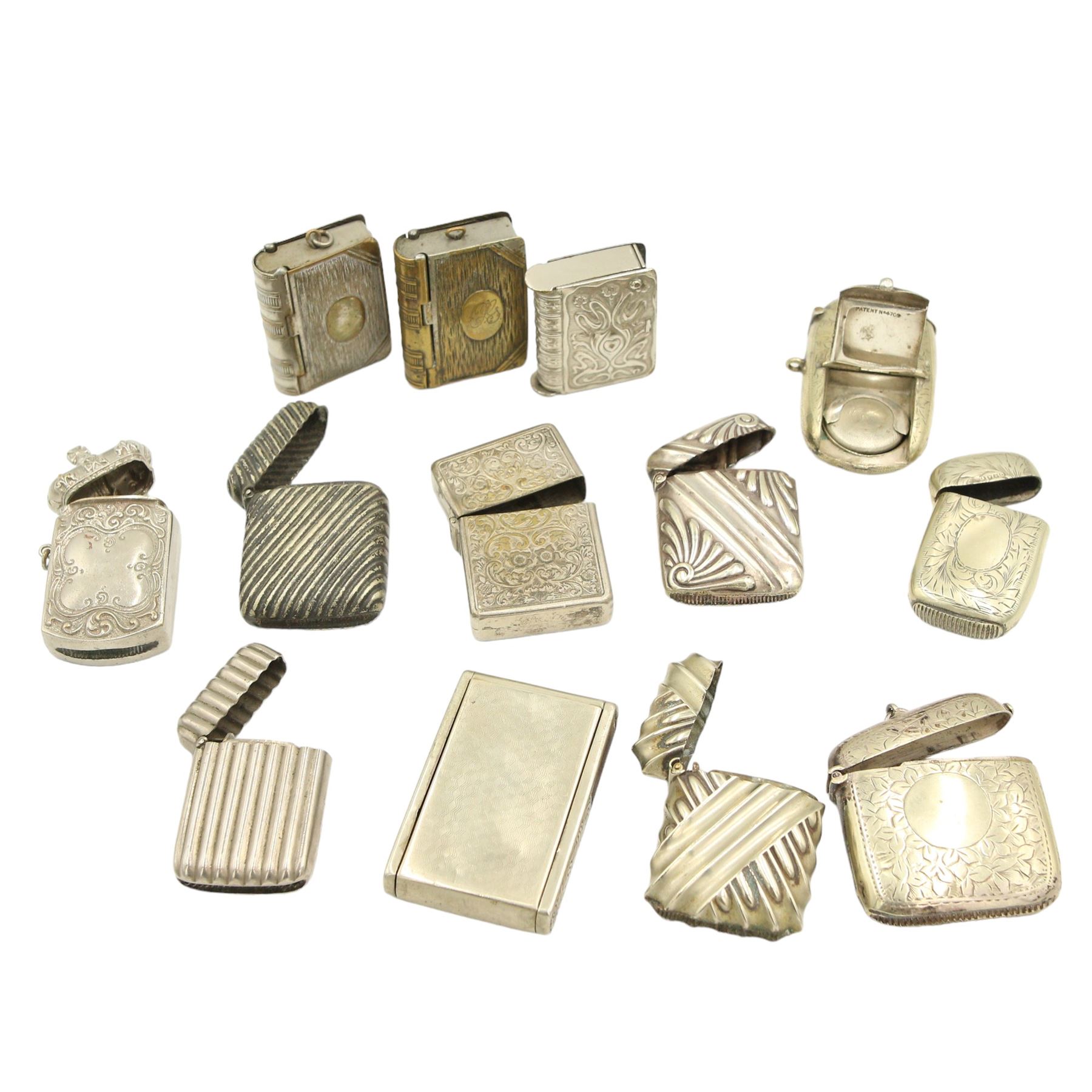 Victorian and later silver-plated vesta cases including three formed as books, another with a crown form hinged cover and others (13)