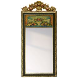 Spanish style wood and composite wall mirror, flower head pediment over plain mirror plate, foliate moulded frame