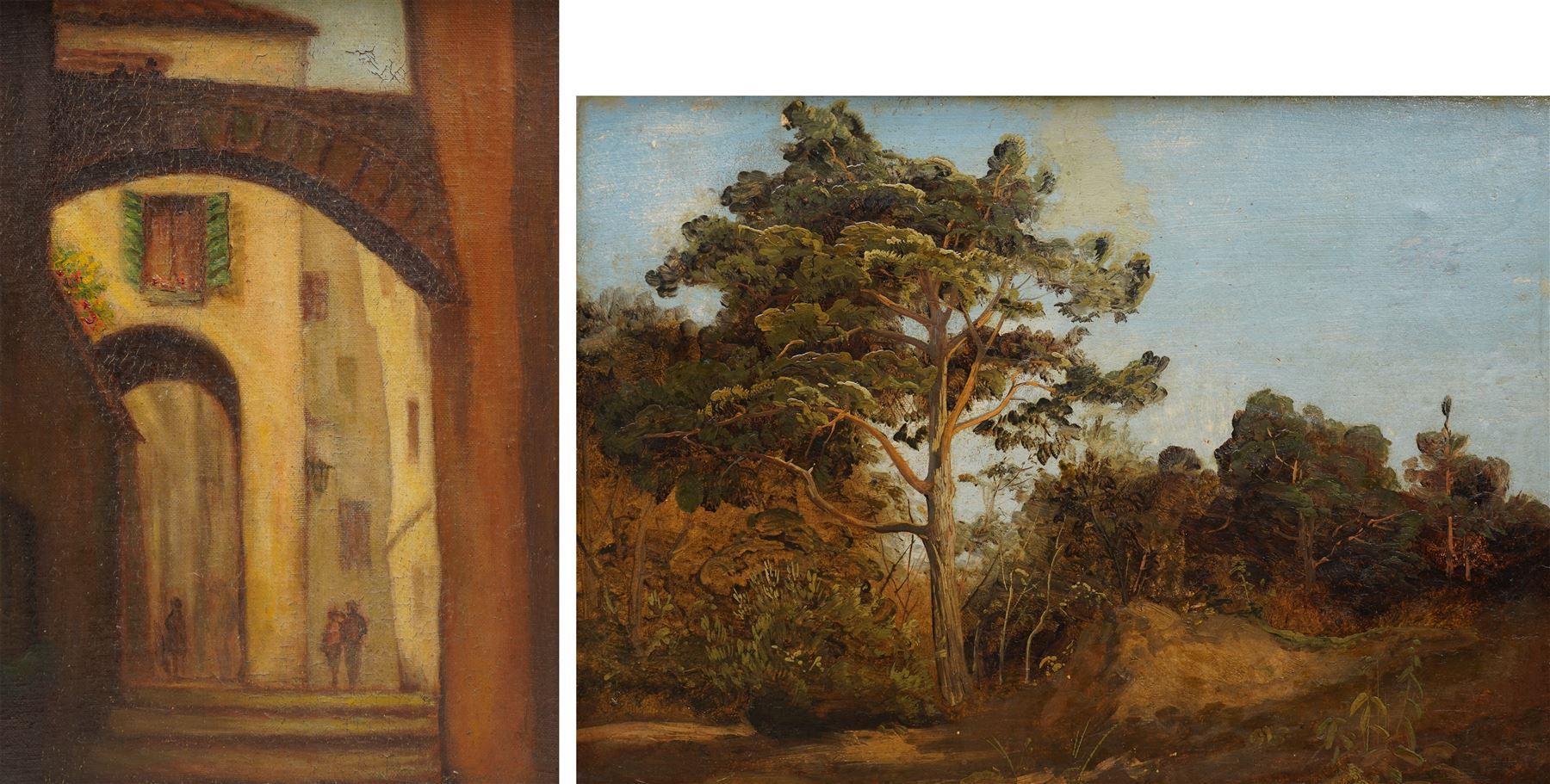 Continental School (19th Century) View Through the Archways, oil on board unsigned, in 19th century gilt frame 35cm x 25cm; German School (20th Century): Forest Path, oil on board indistinctly signed and dated 1842, 24cm x 34cm (2)