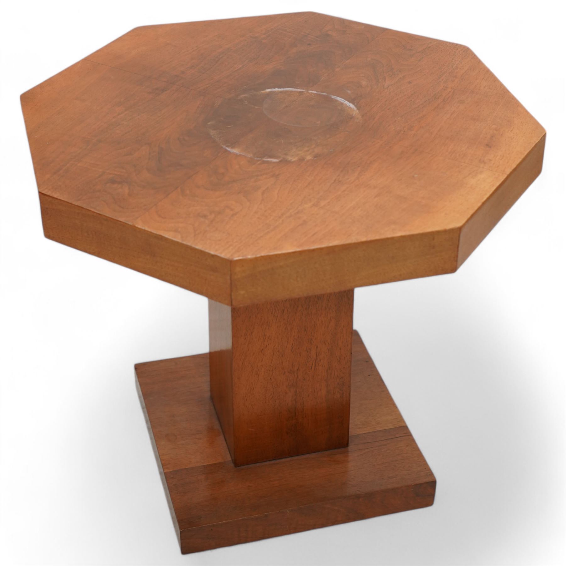 Art Deco period walnut octagonal occasional table (D63cm, H52cm); oval stool with upholstered seat (2)