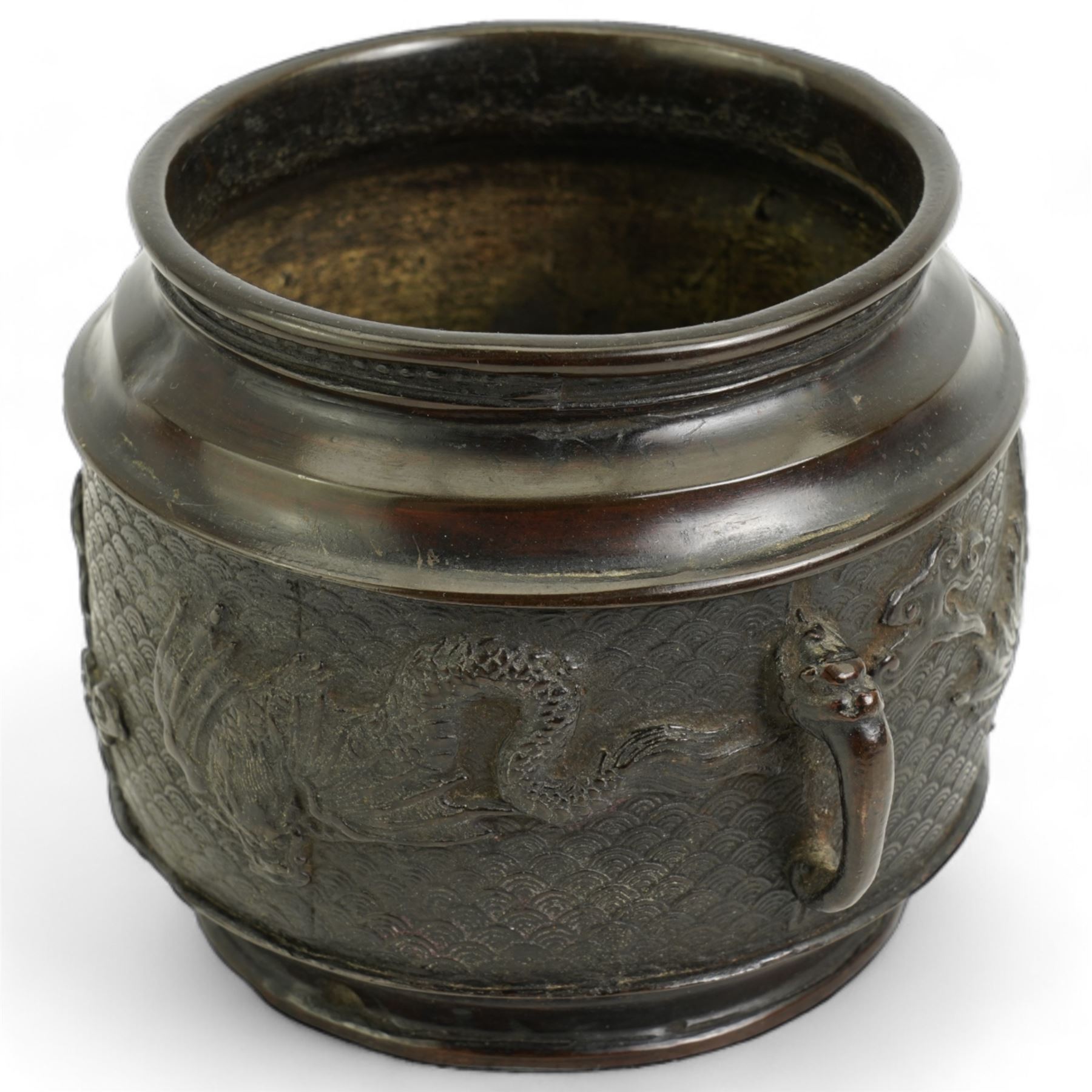 Japanese Meiji bronze two handled pot with raised pattern of dragons on a scaled ground D9.5cm x H9.5cm