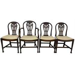 Pair of Georgian design mahogany D-end tables, reeded edge over banded frieze, on square tapering supports; with set of four (3+1) Hepplewhite design mahogany dining chairs, elaborately pierced and carved splat with festoons over dished seat, on fluted supports (W63cm H98cm)