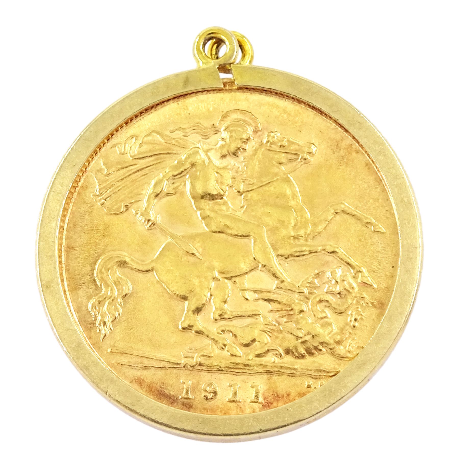 George V 1911 gold half sovereign coin, loose mounted in 9ct gold pendant