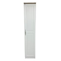 Oak and white finish tall narrow single wardrobe, fitted with shelves