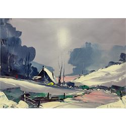 David Deakins (British 1944-): Alpine Snow Scene, oil on board signed 28cm x 39cm