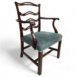 Set of six (4+2) Chippendale Revival stained beech dining chairs, pierced waived ladder backs with over-stuffed seats, on square moulded supports joined by stretchers