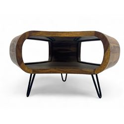 Contemporary wooden coffee table, curved body with open sides crafted from richly grained ...