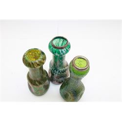 Three Austrian Art Nouveau green iridescent glass bottleneck vases, probably Rindskopf, to include one example with hallmarked silver collar, tallest H18cm (3)