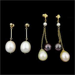 Pair of 14ct gold single stone pink / white cultured pearl stud earrings and one other pai...