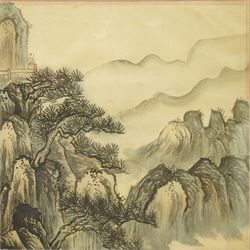 Chinese School (19th century): Mountainous Landscape with Temple and Trees, set three watercolours on silk unsigned 25cm x 25cm (3)