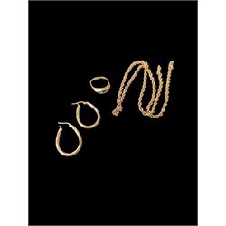 18ct gold ring, missing one stone, hallmarked, 9ct gold rope twist chain and a pair of 9ct...