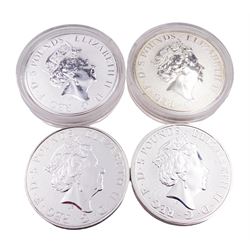 Four Queen Elizabeth II 2 ounce fine silver five pound coins, comprising 2016 'Lion of England', 2020 'White Horse of Hanover', 2020 'White Lion of Mortimer' and 2021 'White Greyhound of Richmond' 