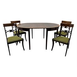 Regency design mahogany and satinwood banded dining table, two D-ends and central leaf, on square tapering supports (133cm x 163cm, H78cm); together with a set of four Regency design mahogany dining chairs, bar back with satin wood band, drop-in upholstered seat, on sabre supports 