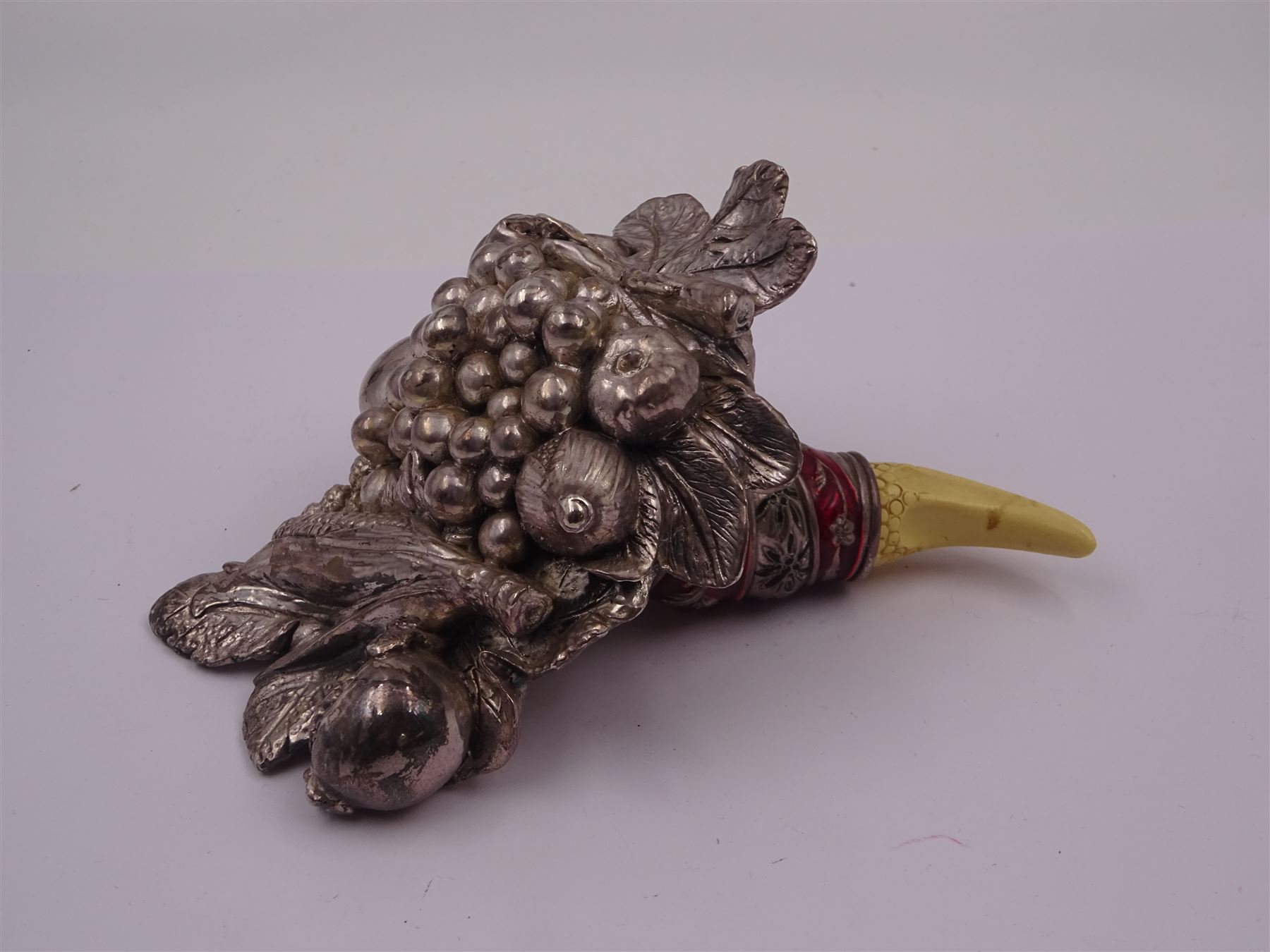 Italian Magrino silver filled model of a fruiting cornucopia, with enamel and ivorine horn, marked Magrino 925, W15.5cm