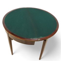 19th century inlaid mahogany D shaped card side table with fold-over extending baize lined top