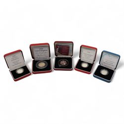 Five The Royal Mint United Kingdom silver proof coins, comprising 1998 '25th Anniversary EEC' piedfort fifty pence, 1998 piedfort one pound, 1998 one pound, 1999 piedfort one pound and 2003 'One Hundredth Anniversary of the Women's Social and Political Union' fifty pence, all cased with certificates