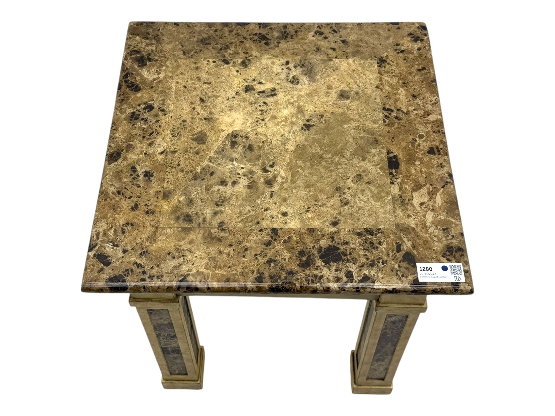 Square lamp table, variegated marble top, on square supports with block feet 