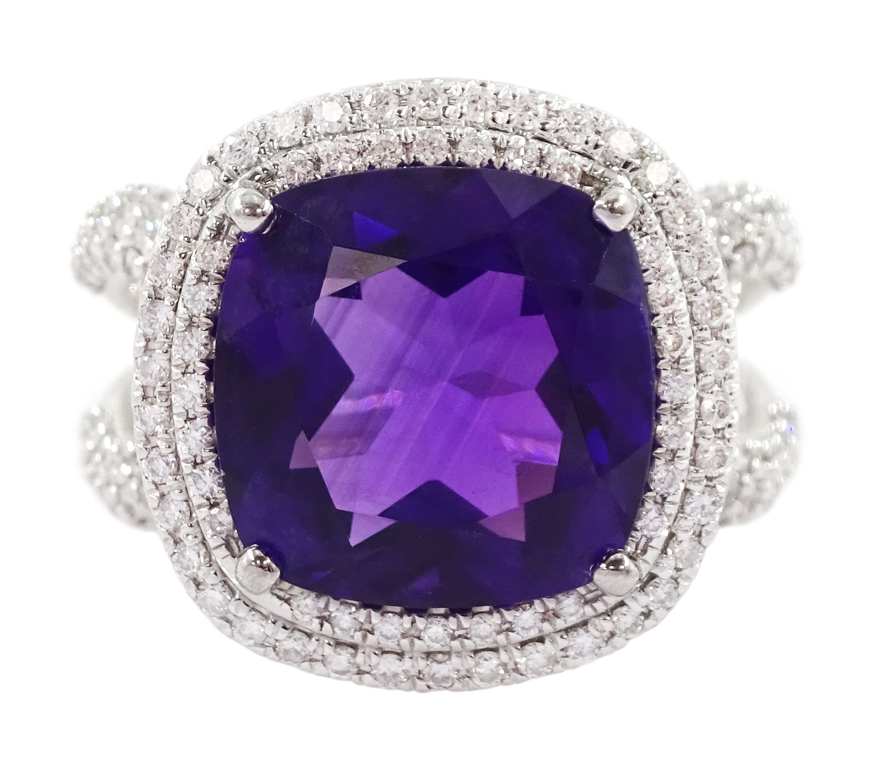 Damas 18ct white gold amethyst and diamond Vera ring, the central square cushion cut amethyst of 6.28 carat, with round brilliant cut diamond surround, pear cut amethyst gallery and diamond set shoulders, total amethyst weight 15.48 carat, total diamond weight 1.10 carat, with certificate