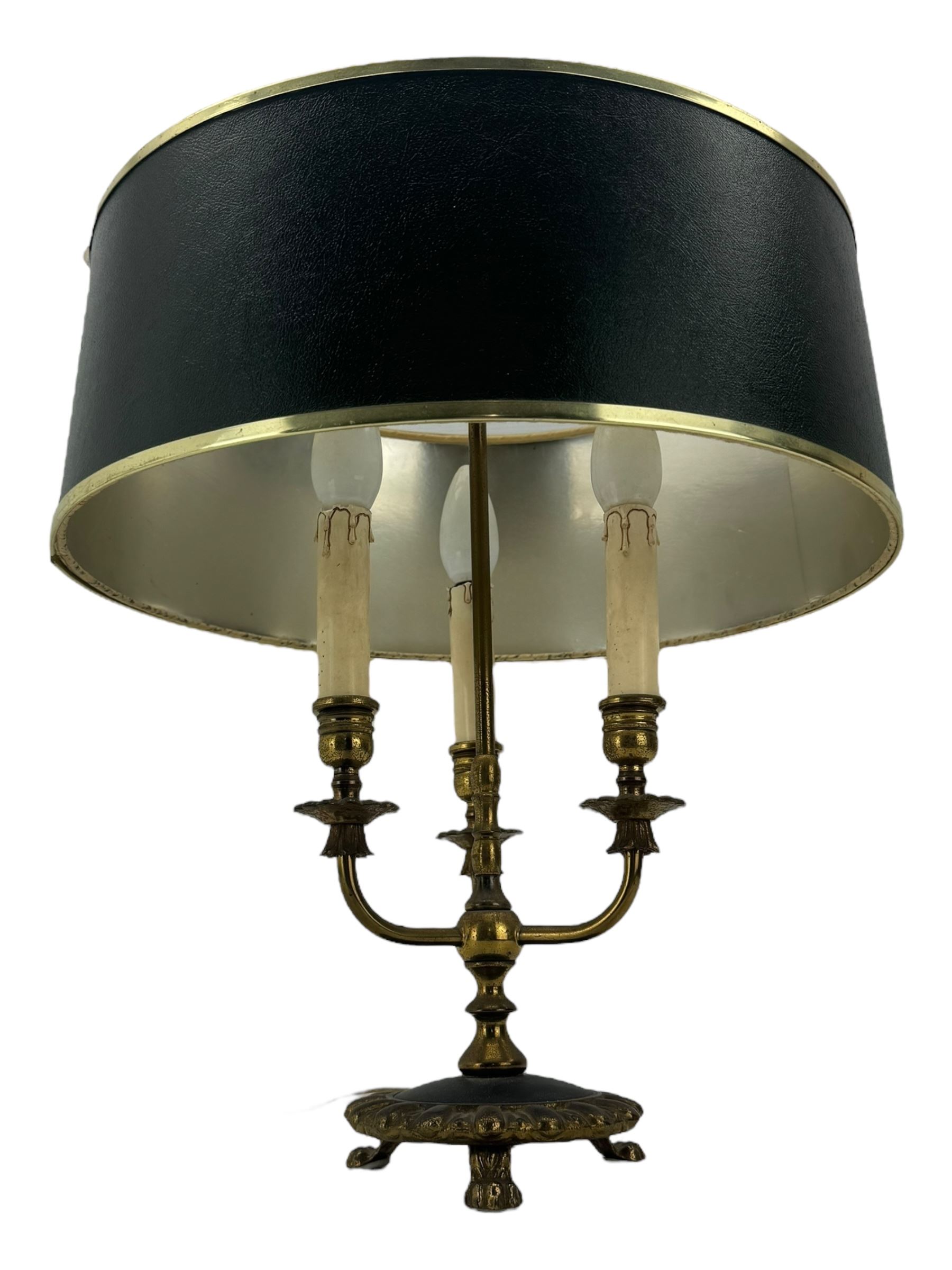 Italian mid century wheatsheaf design gilt and lacquer table lamp, on circular base with shade, H74cm overall, a three branch table lamp modelled as a candelabra, and one other table lamp (3)