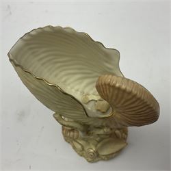 Royal Worcester blush ivory Nautilus shell with coral shape support and decorated with shells to base, mark beneath, H17cm  