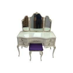 Mid 20th century French style dressing table, triple mirror back and serpentine front with gilt moulded edges, over five drawers with floral and foliate motifs, on cabriole supports; matching stool (2)