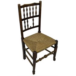 Collection of chairs - five 19th century elm spindle back chairs with rush seats; two chapel chairs (7)