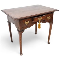 18th century country oak lowboy, rectangular top with moulded edge, fitted with three cros...