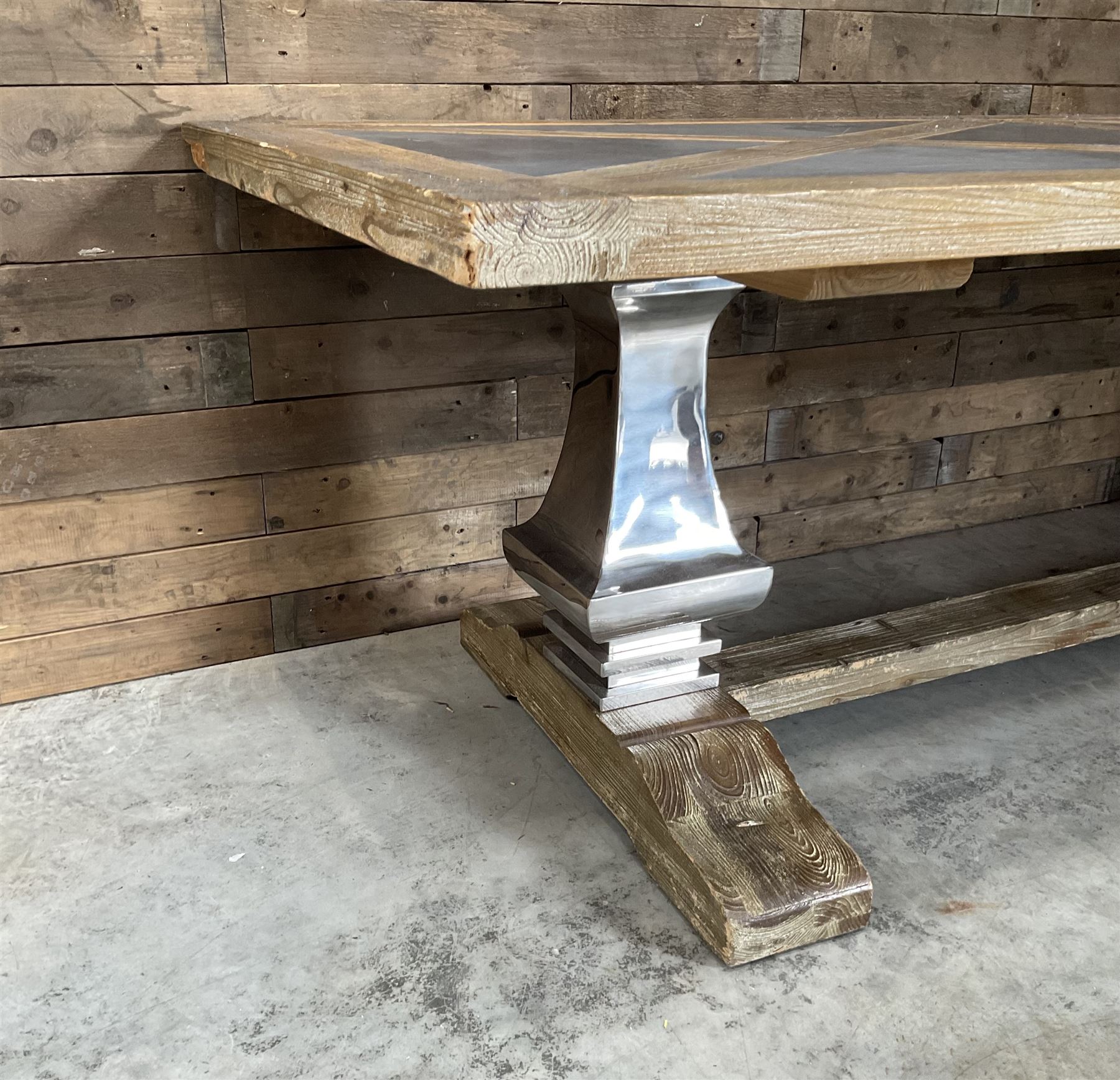 Large rectangular rustic wood and tile effect dining table, chrome pillars on stretcher base