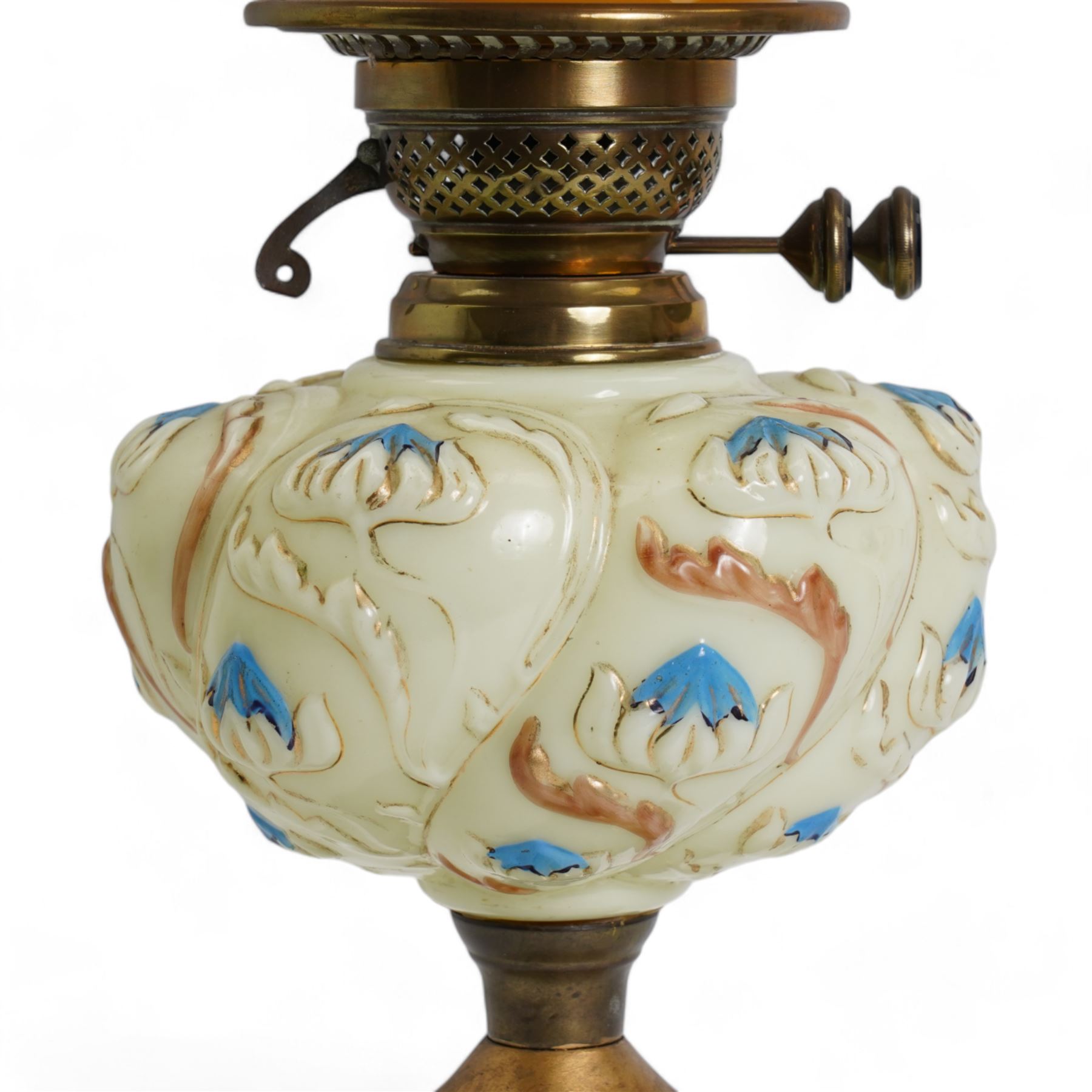 Art Nouveau oil lamp, with floral stylized moulded reservoir and similar style pierced metal base, H61cm