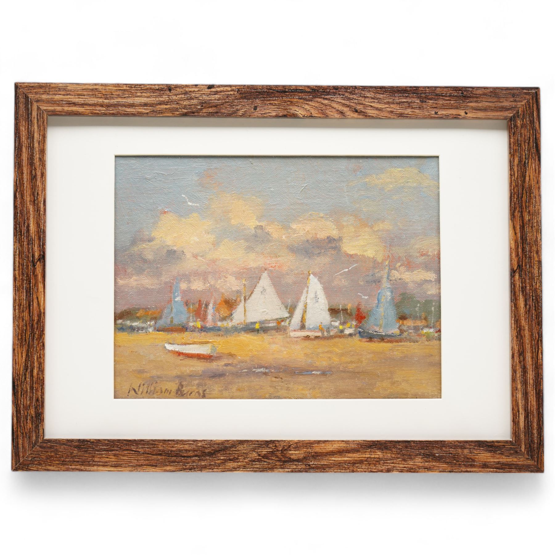 William Burns (Northern British 1923-2010): 'The Hard - Overy Staithe North Norfolk', oil on board signed, titled verso 15cm x 20cm Provenance: Direct from the family of the artist. 
Notes: Born in Sheffield in 1923, William Burns RIBA FSAI FRSA studied at the Sheffield College of Art before the outbreak of the Second World War, during which he helped illustrate the official War Diaries for the North Africa Campaign, and was elected a member of the Armed Forces Art Society. On his return, he studied architecture at Sheffield University and later ran his own successful practice, being a member of the Royal Institute of British Architects. However, painting had always been his self-confessed 'first love', and in the 1970s he gave up architecture to become a full-time artist, having his first one-man exhibition in 1979.