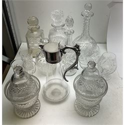 Glassware, to include metal mounted claret jug, pair of sweetmeat jars and covers, five decanters, and various drinking glasses, in one box