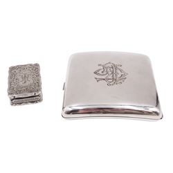 Victorian silver snuff box, later converted to vesta case, with engraved foliate and scroll decoration, personal engraving to base and monogram to hinged cover, opening to reveal gilt interior, hallmarked Rolason Brothers, Birmingham 1898, together with an Edwardian cigarette case, of plain square form with rounded corners, engraved with monogram to hinged cover, opening to reveal gilt interior, hallmarked William Henry Sparrow, Birmingham 1908