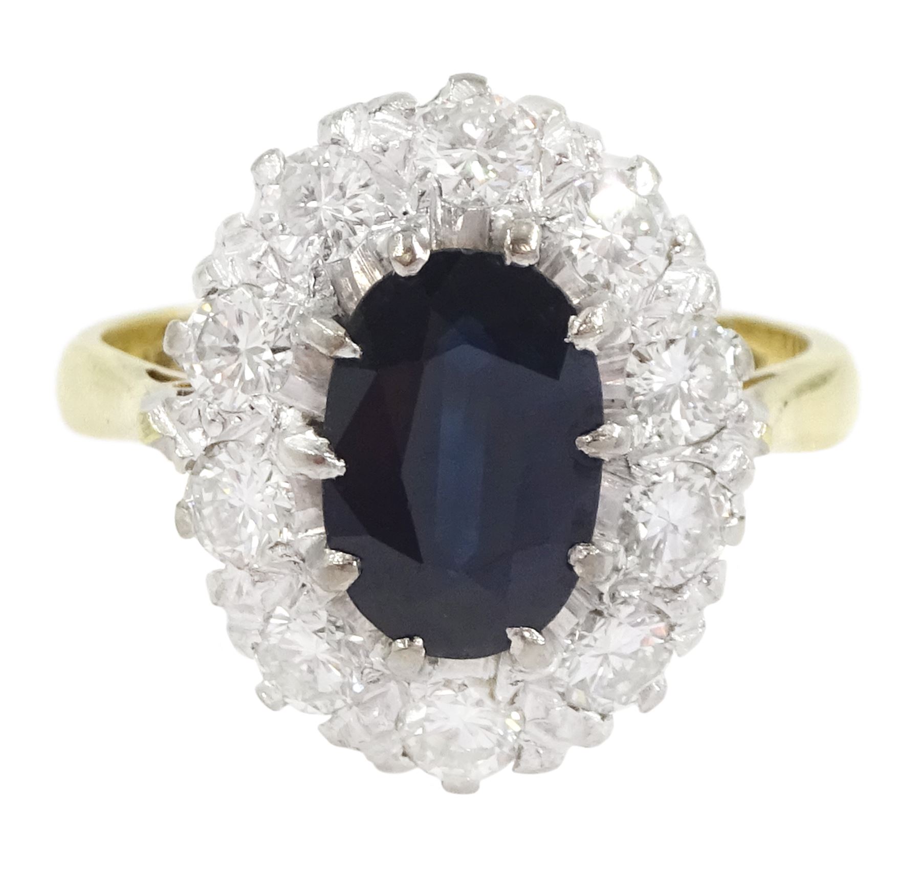 18ct gold oval cut sapphire and round brilliant cut diamond cluster ring, stamped, sapphire approx 1.20 carat, total diamond weight approx 0.80 carat