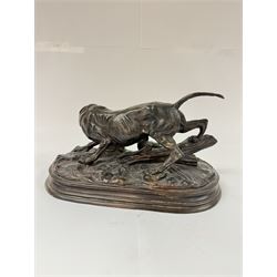 Bronzed figure after Paul-Edouard Delabrierre, modelled as a crouching Pointer with pheasant, inscribed E. Delabrierre to base, H16.5m