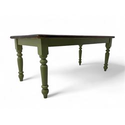 Hardwood dining table, rectangular top on laurel green painted base, fitted with turned supports 