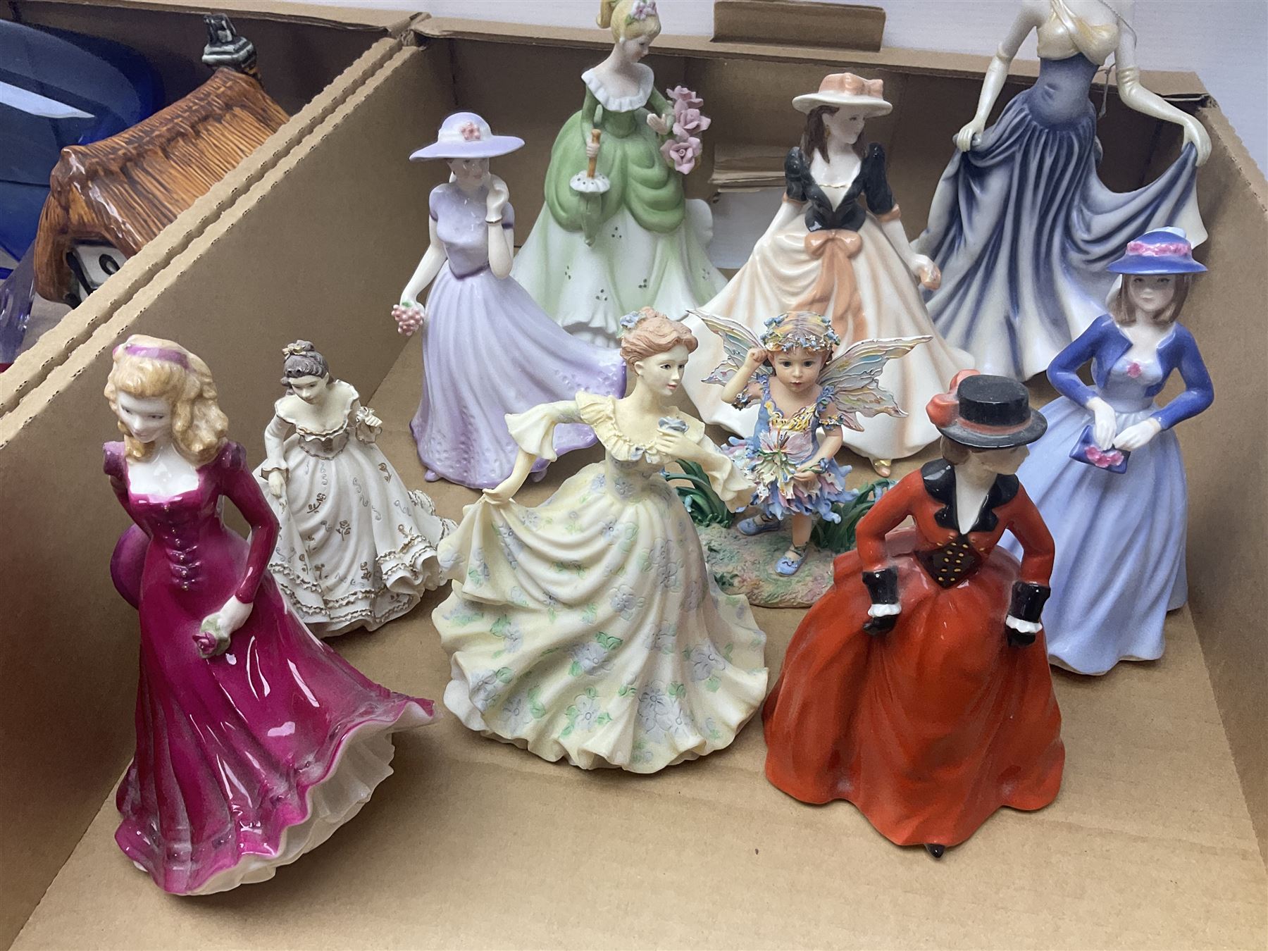 Five Royal Worcester figures including Emma and Felicity, together with similar figures, glass animals, paperweights, Murano glass clown, and a collection of animal figures, etc, in three boxes