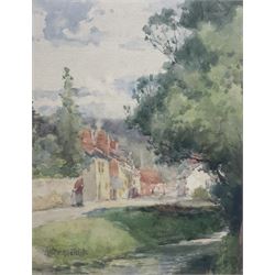 Lester Sutcliffe (British 1848-1933): Figures in a Riverside Village, watercolour signed 26cm x 20cm