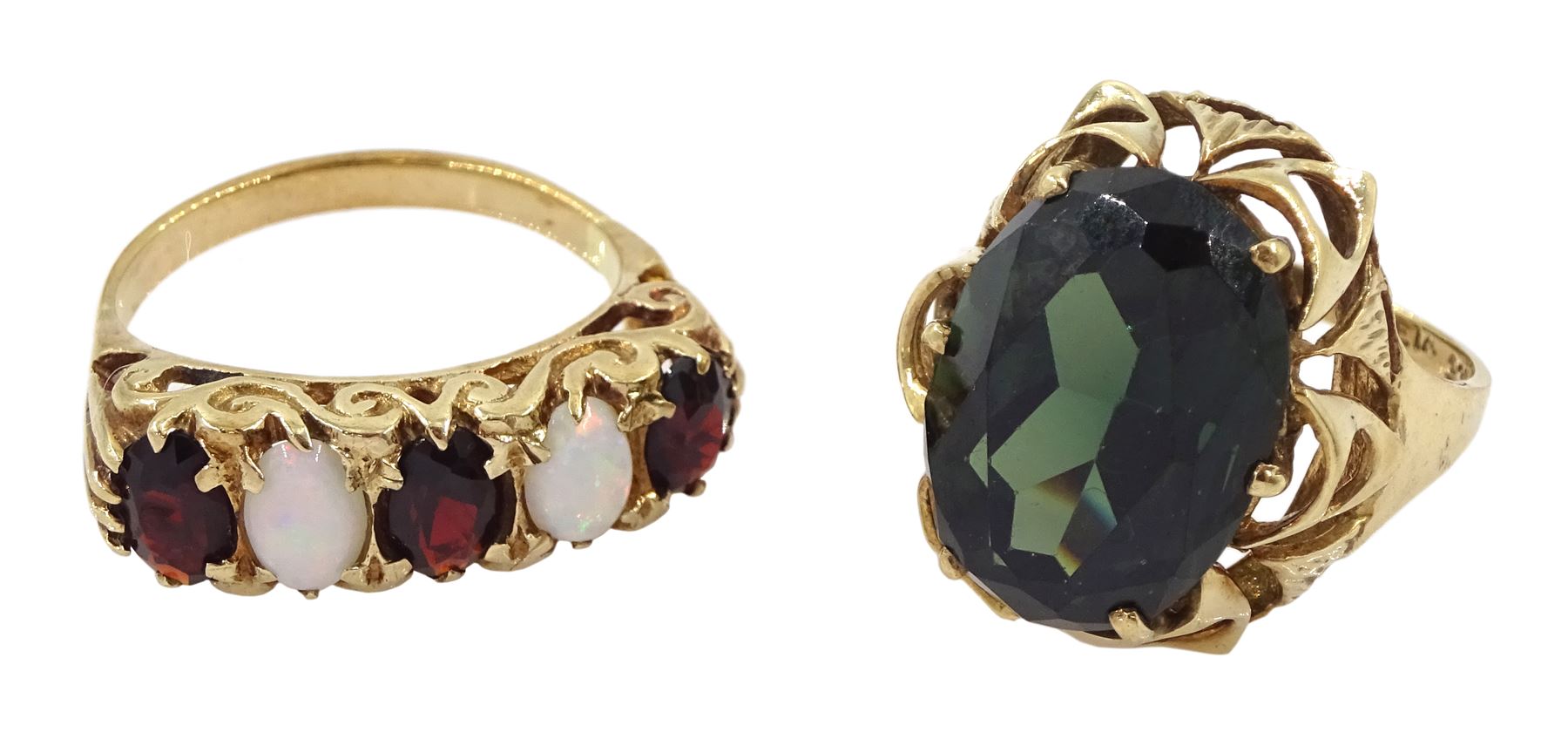 Gold five stone opal and garnet ring and a gold green stone set ring, both 9ct 