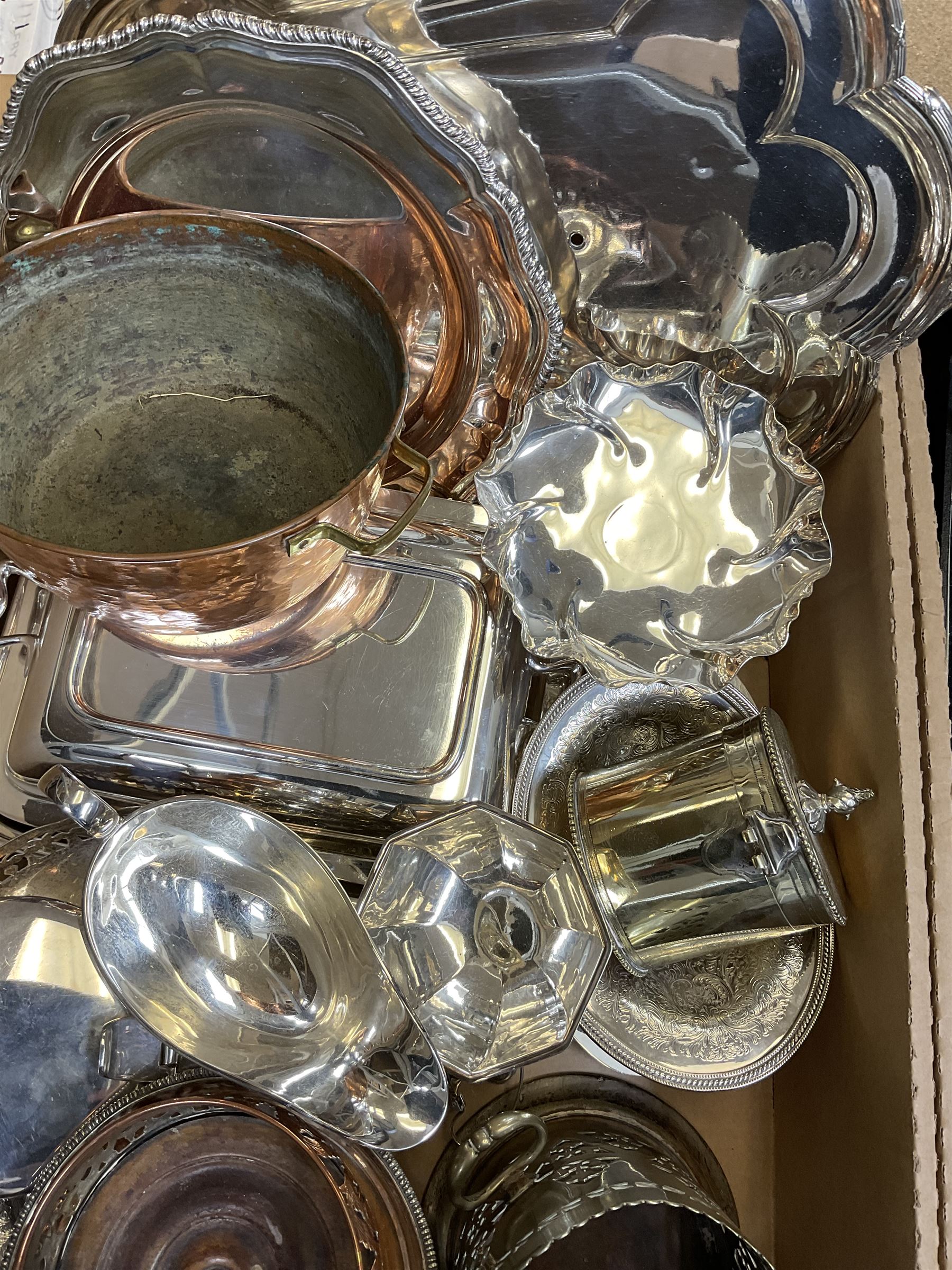 Metalware, mostly silver plate, to include entree dish and cover, bottle coasters, pedestal dishes, large quantity of cased and uncased flatware, small copper twin handled pan, etc., in two boxes