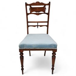 Edwardian inlaid mahogany and rosewood salon suite - two-seat sofa (W112cm, H90cm, D60cm); set of four side chairs (W44cm, H90cm); inlaid with scrolling foliate motifs, upholstered in light blue fabric, on turned supports inlaid with boxwood stringing